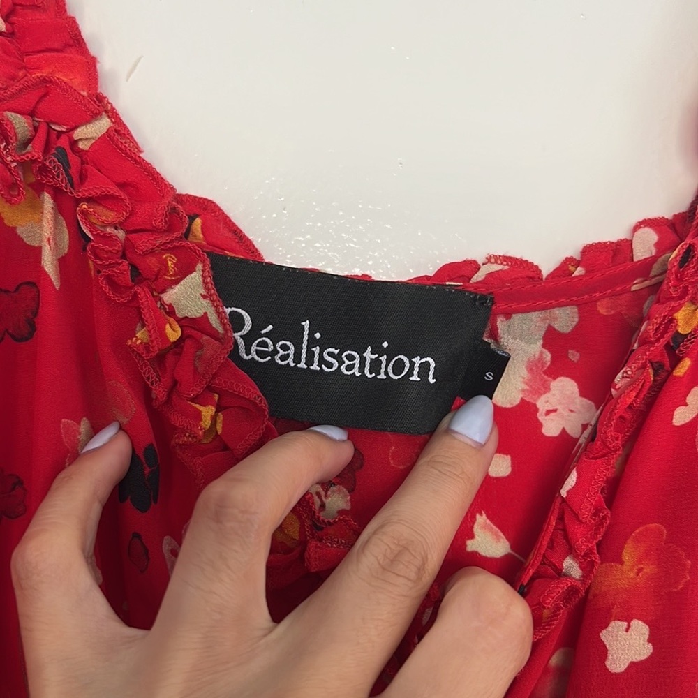 Realisation Par Dress Juliet Rouge Fleur Red red floral midi silk dress sz S - Picture 3 of 3